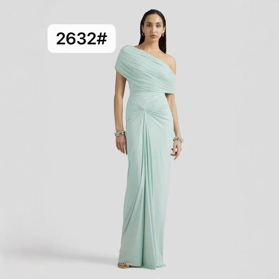 One-Shoulder Ruched Evening Gown — Draped Shoulders with a Gathered Hip Detail (2632)