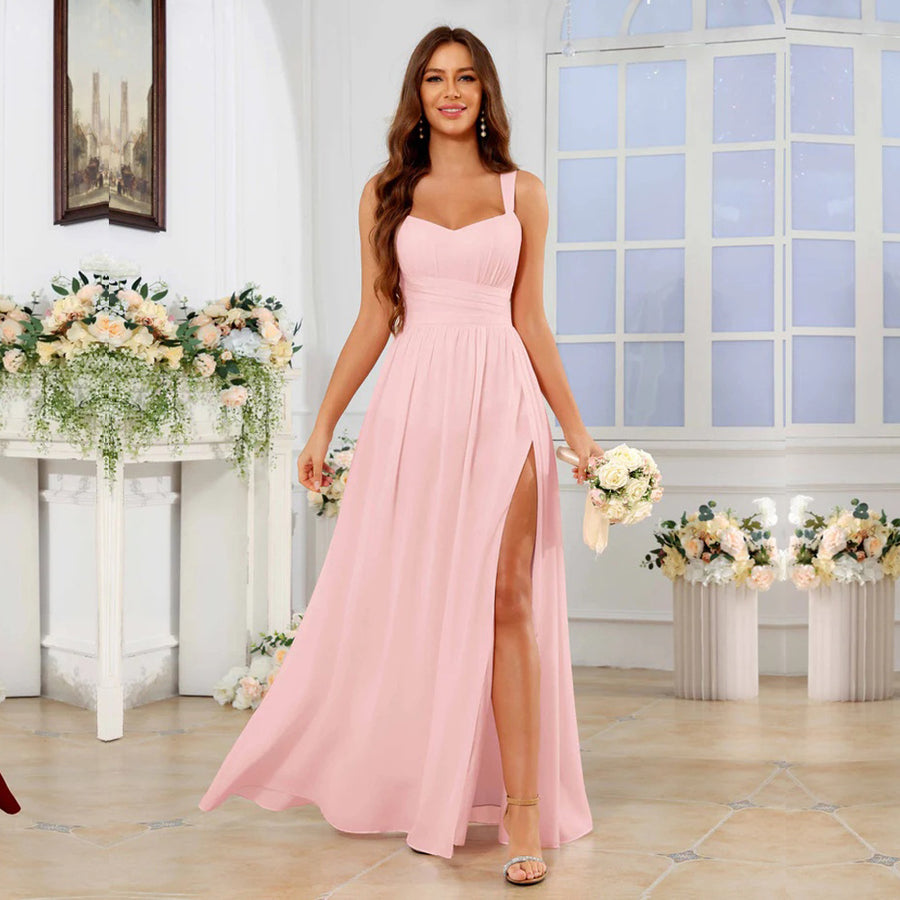 Chiffon suspender high slit long evening dress shoulder strap mop skirt bridesmaid annual meeting host dress banquet dress
