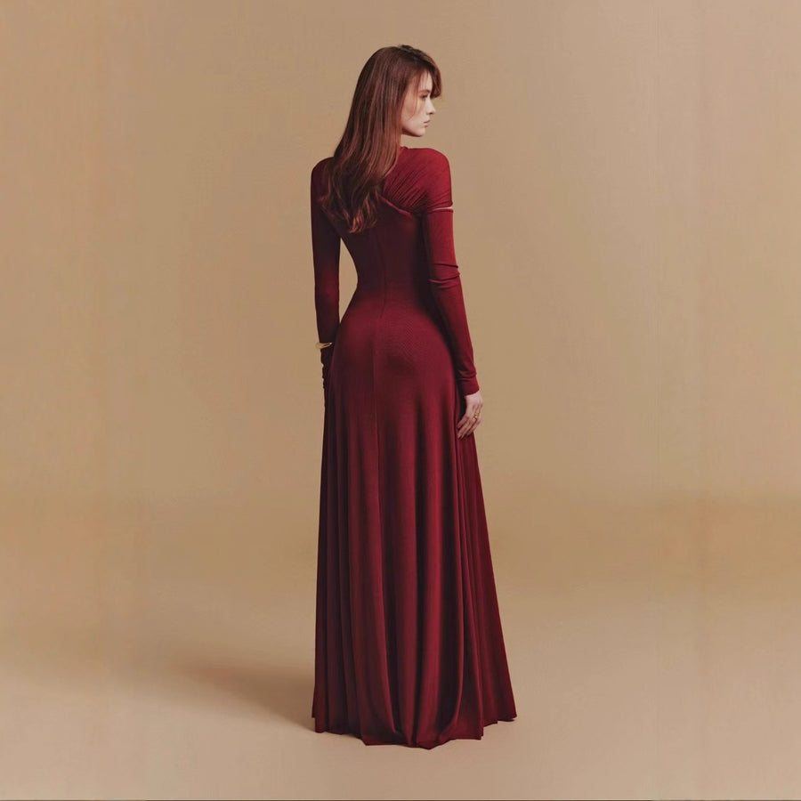 Asymmetric Cut-Out Maxi Dress — Draped Neckline with a Ruched Waist