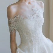 Celestia Lace Off-Shoulder Bridal Gown - Elegant Satin Wedding Dress with Romantic Floral Embroidery