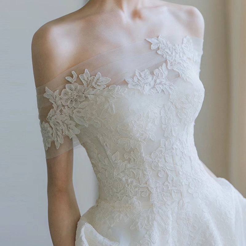 Celestia Lace Off-Shoulder Bridal Gown - Elegant Satin Wedding Dress with Romantic Floral Embroidery