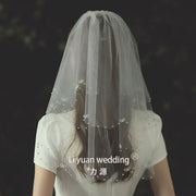 Korean Bow Bridal Veil double-layer beaded tulle wedding headpiece with metal comb and soft chiffon tulle