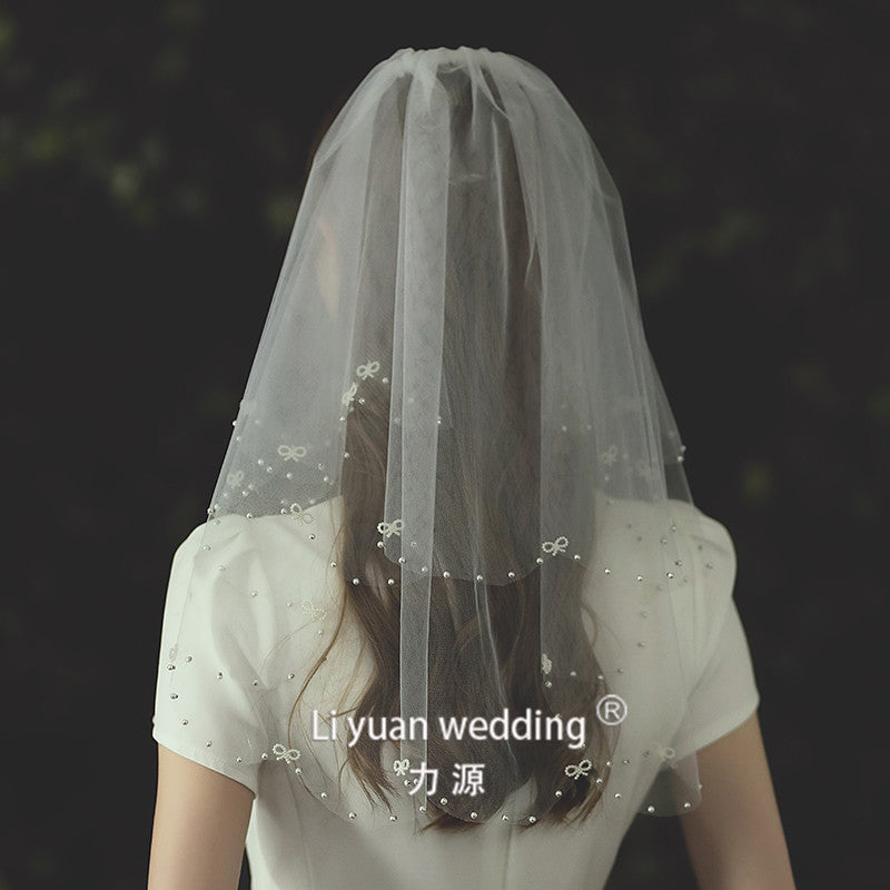 Korean Bow Bridal Veil double-layer beaded tulle wedding headpiece with metal comb and soft chiffon tulle