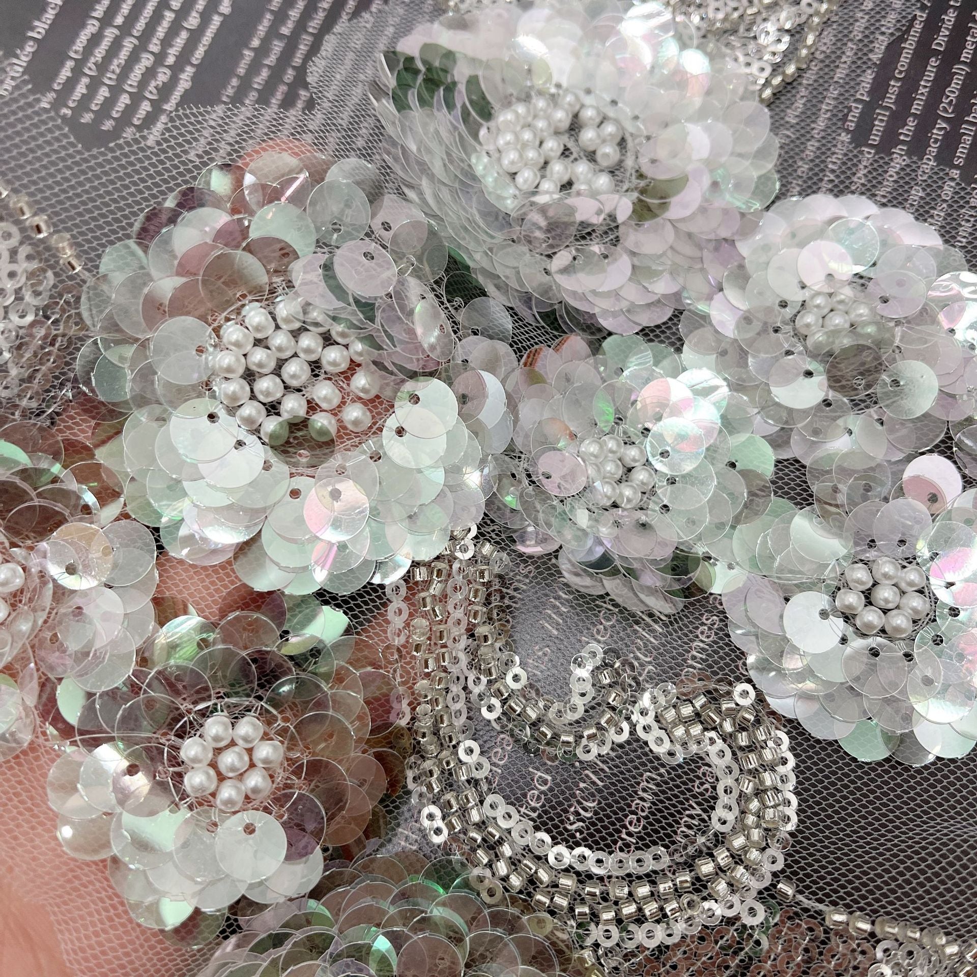 Beaded sequin mesh base pearl embroidered back collar, polyester lurex embroidered corsage, diy lace trim accessories, wedding dress embellishments