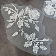 White Sequin Pearl 3D Mesh Flower Handmade Sparkly Fabric Appliqué Lace Patch - High-End Clothing (ZH438)