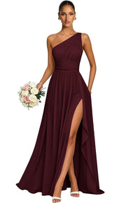 One shoulder chiffon long bridesmaid dress slit evening dress female sister group toast dress graduation performance dress factory direct supply