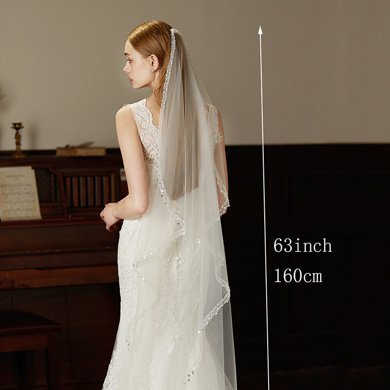 160cm single-layer beaded bridal veil with soft chiffon tulle and elegant hair comb for weddings