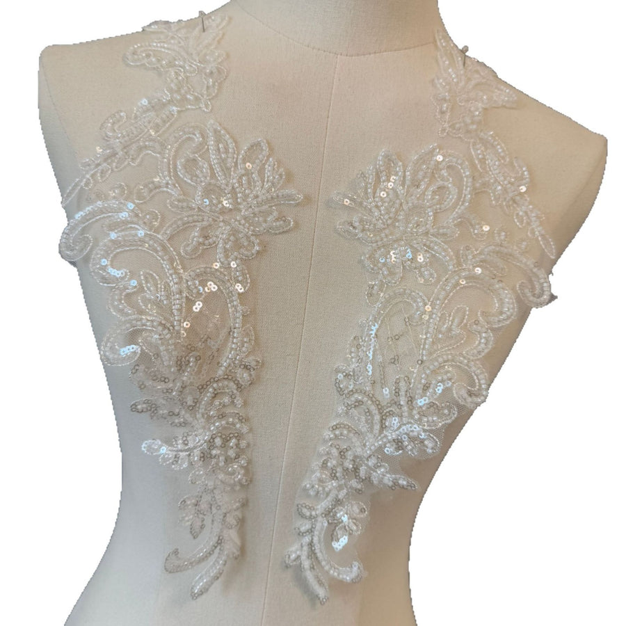 Zh295 pair of off-white sequin embroidered appliqué flowers for wedding dresses and evening gowns - decorative lace floral fabric patches