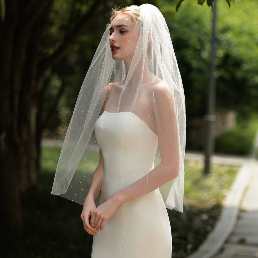 Gypsophila beaded bridal veil made of soft chiffon tulle with diamond hair comb, lightweight and sheer wedding headpiece