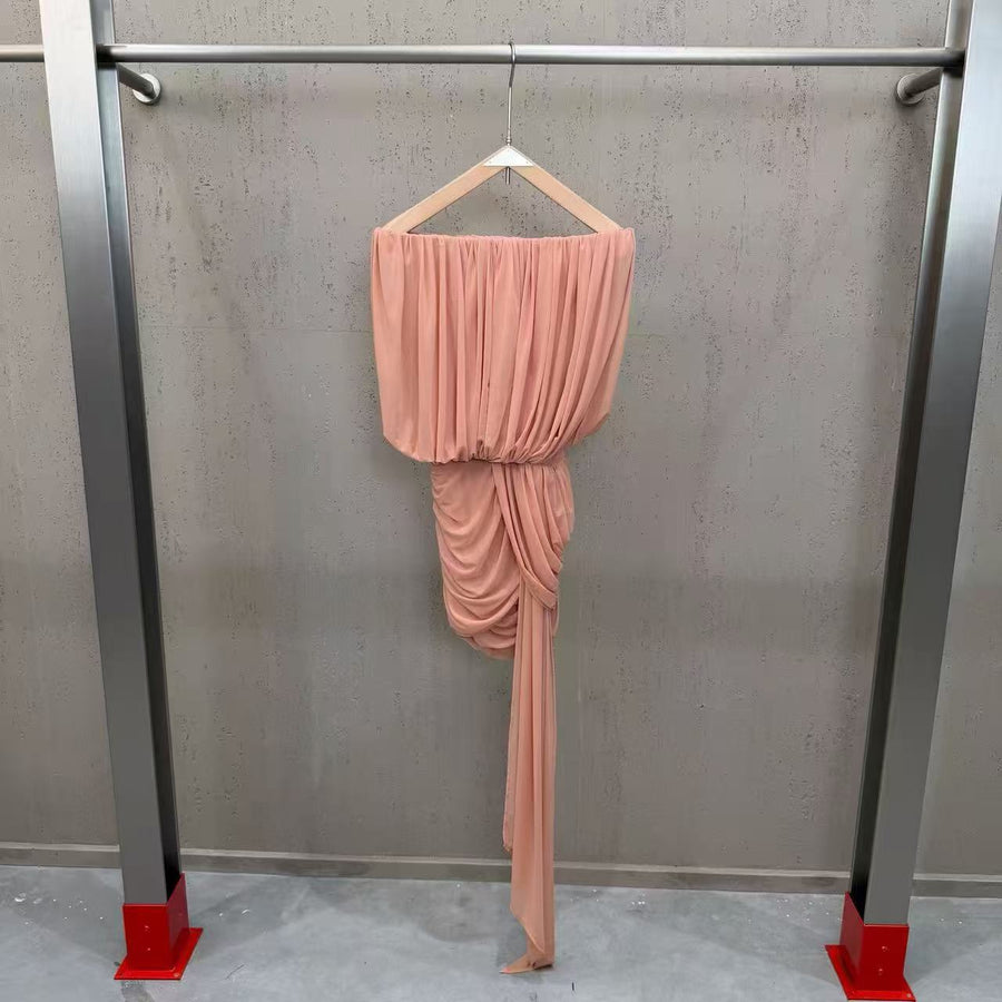 Off-the-Shoulder Ruched Mini Dress — Soft Draping with a Trailing Side Detail