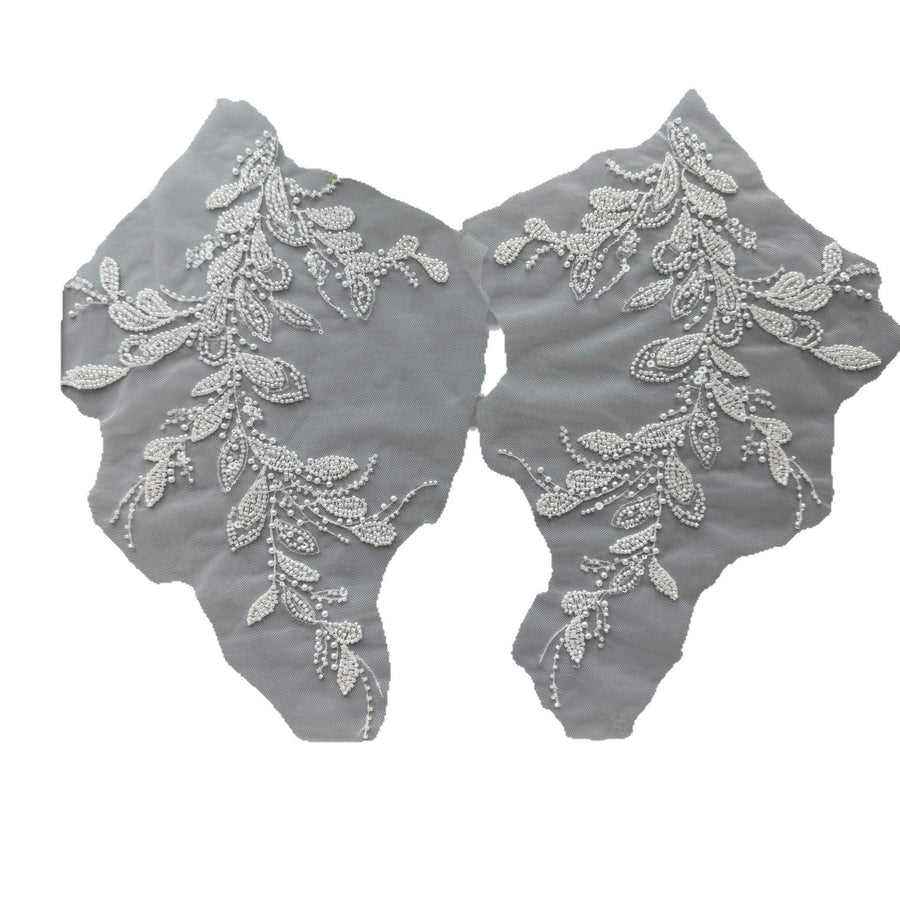 A pair of off-white sequin embroidered floral appliques for wedding dresses and formal gowns, decorative embellishments, lace flower fabric patches, zh301
