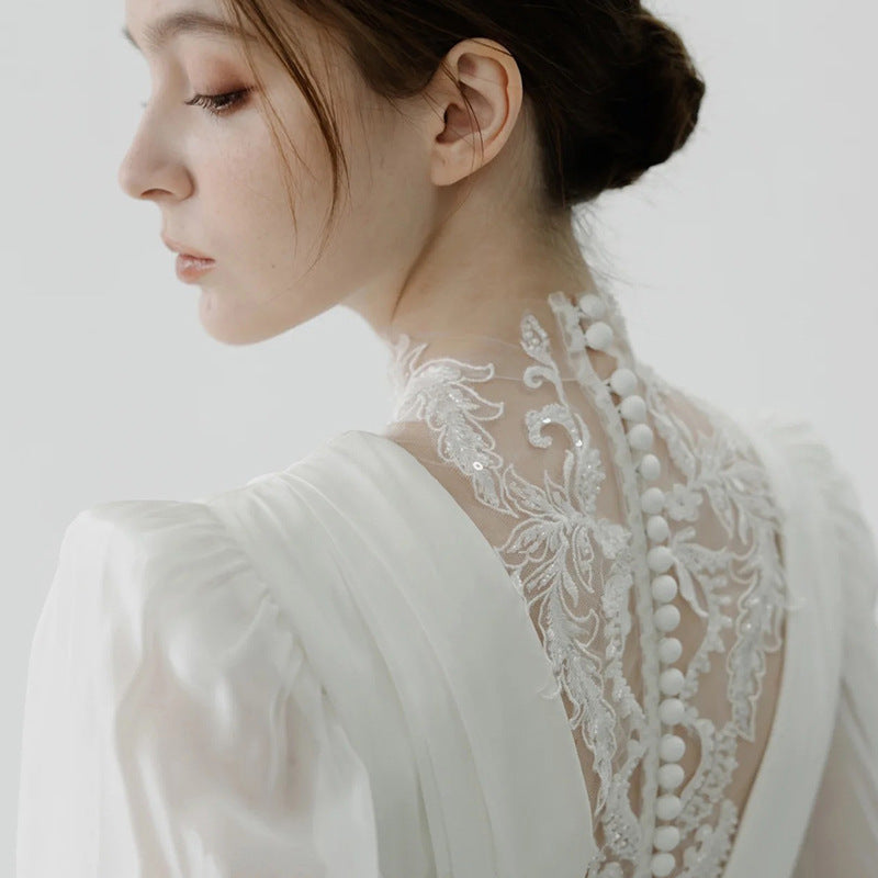 Elegant Celestial Lace Formal wedding guest dress with vintage high neck chiffon and embroidered lace details