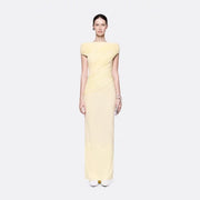 Boat-Neck Ruched Maxi Dress — Cap Sleeves with Asymmetric Draping
