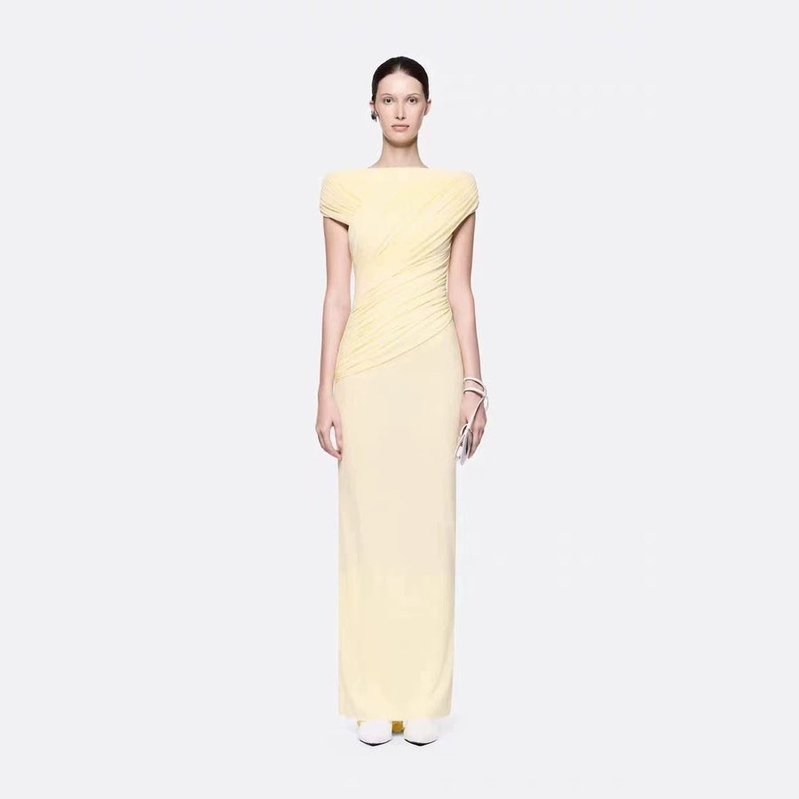 Boat-Neck Ruched Maxi Dress — Cap Sleeves with Asymmetric Draping