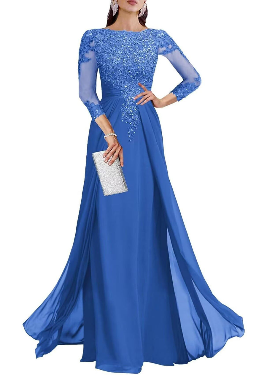 Cross-border lace patchwork long evening dress women's three-quarter sleeve banquet host bridesmaid dress new arrival elegant slimming evening gown