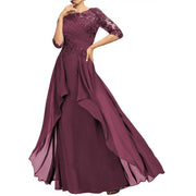 New chiffon lace long evening gown - round neck, mid-sleeve, slimming design - perfect for weddings, bridesmaids, dinner parties, or mother of the bride