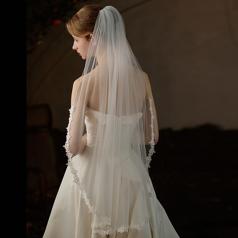 Sheer lace waist-length bridal veil made of lightweight chiffon tulle, single-layer ethereal wedding headpiece