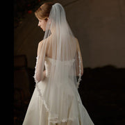 Sheer lace waist-length bridal veil made of lightweight chiffon tulle, single-layer ethereal wedding headpiece