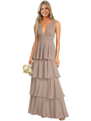 European and american chiffon bridesmaid dress v-neck sleeveless tiered cake dress wedding sister dress hostess outfit gown