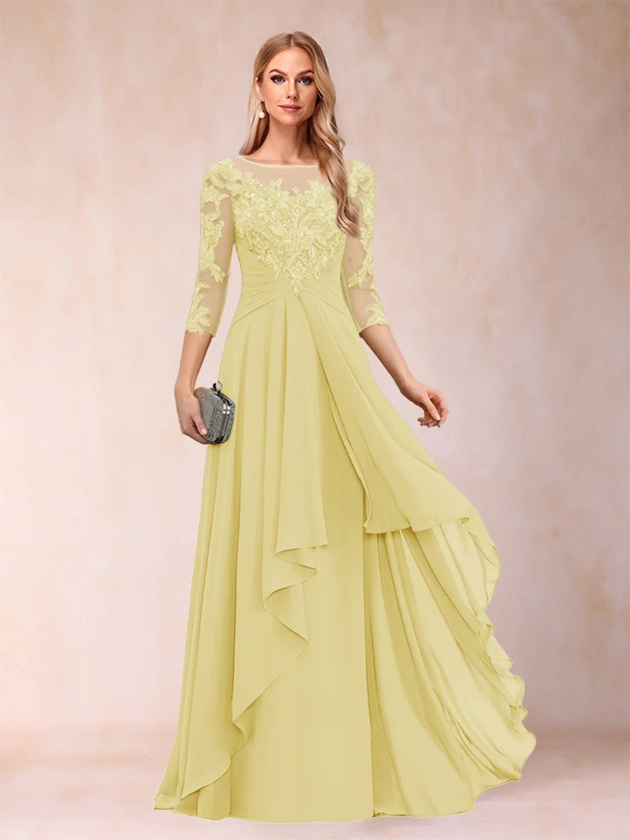 Chiffon lace patchwork mid-sleeve evening gown - round neck a-line floor-length dress - perfect for mothers, mothers-in-law, and hostesses