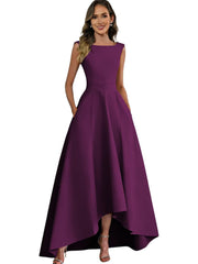 Women's solid color satin sleeveless fitted evening gown for export - amazon style cocktail party bridesmaid dress - high-low hem