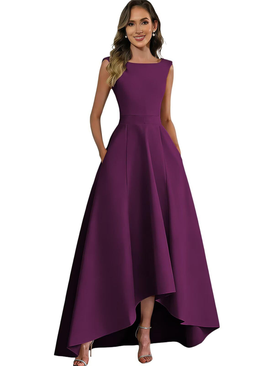 Women's solid color satin sleeveless fitted evening gown for export - amazon style cocktail party bridesmaid dress - high-low hem