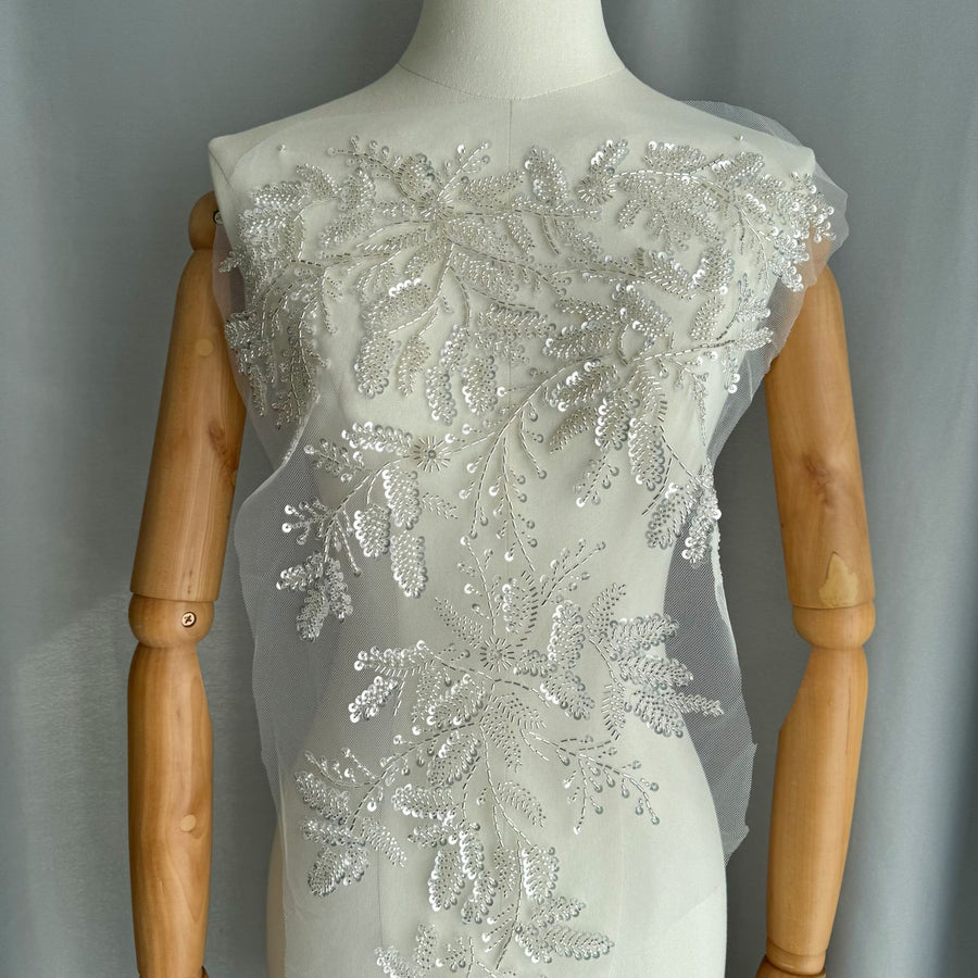 Zh488 new floral embroidery design with beaded appliqué, heavy beading, and silver floral sequins on lace fabric