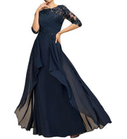 New chiffon lace long evening gown - round neck, mid-sleeve, slimming design - perfect for weddings, bridesmaids, dinner parties, or mother of the bride