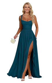 Chiffon suspender high slit long evening dress shoulder strap mop skirt bridesmaid annual meeting host dress banquet dress