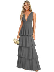 European and american chiffon bridesmaid dress v-neck sleeveless tiered cake dress wedding sister dress hostess outfit gown