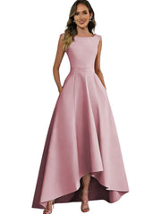 Women's solid color satin sleeveless fitted evening gown for export - amazon style cocktail party bridesmaid dress - high-low hem