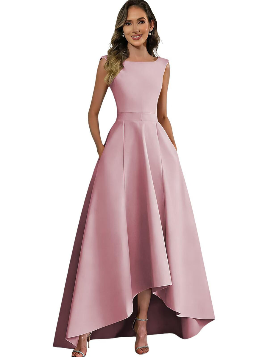 Women's solid color satin sleeveless fitted evening gown for export - amazon style cocktail party bridesmaid dress - high-low hem
