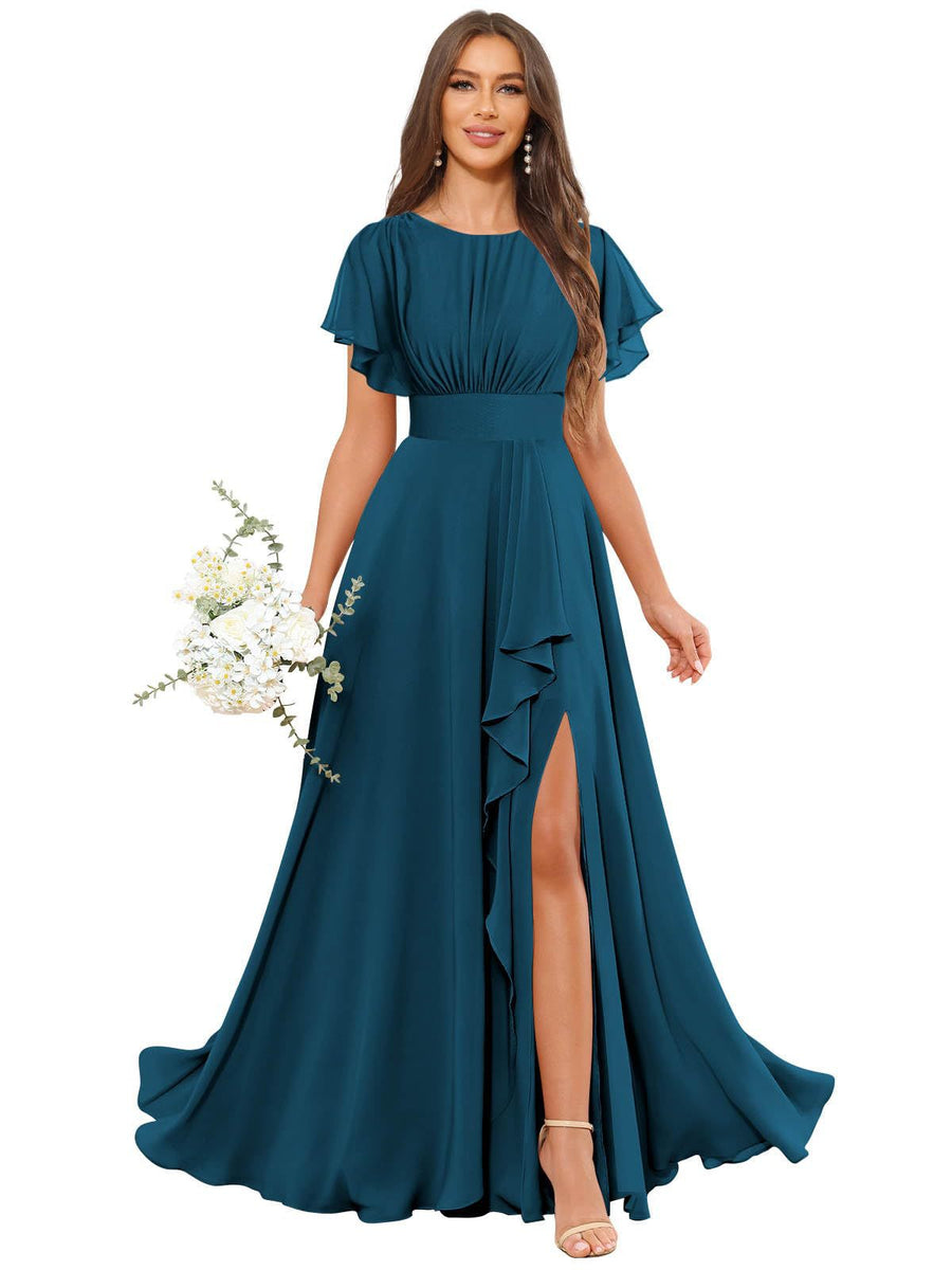 Cross-border amazon bestseller: long bohemian chiffon midi dress - short sleeve, cinched waist, evening gown, bridesmaid dress