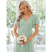 2026 cross-border gentle style v-neck pleated chiffon bridesmaid dress ruffle short-sleeved asymmetrical skirt party