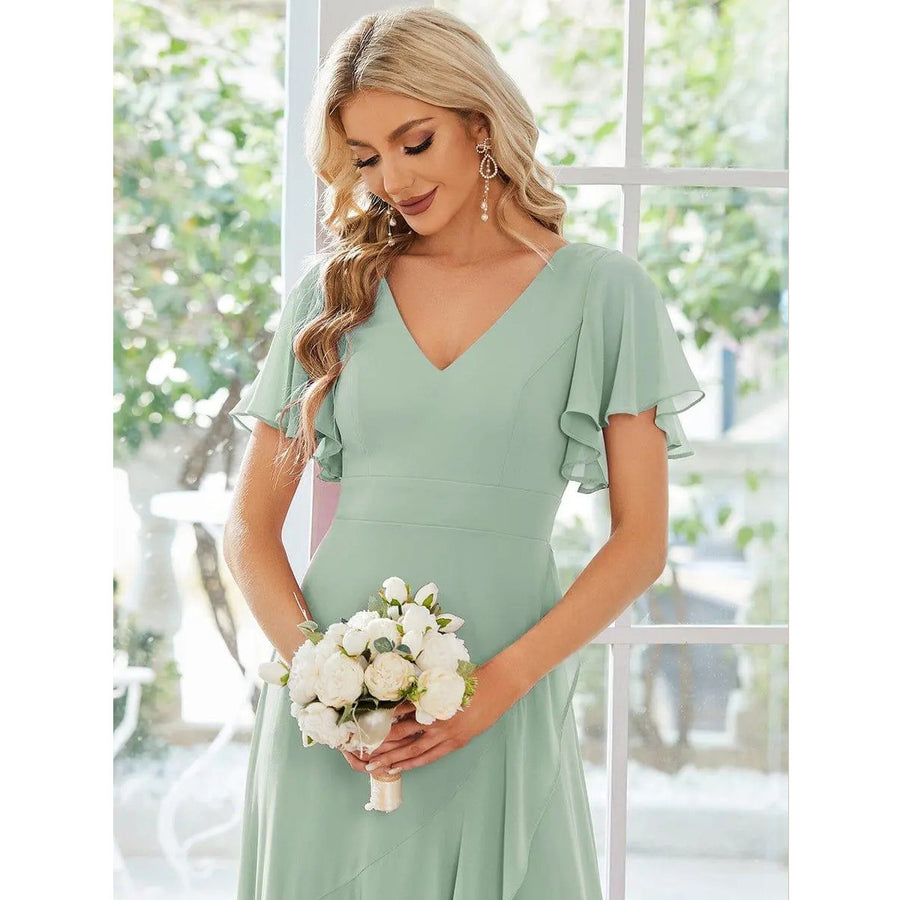 2026 cross-border gentle style v-neck pleated chiffon bridesmaid dress ruffle short-sleeved asymmetrical skirt party