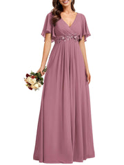 European and american style v-neck chiffon long bridesmaid dress, butterfly sleeve cinched waist slimming evening gown, party hostess dress