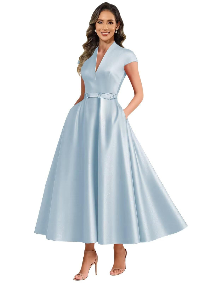 Fashion aliexpress export satin short banquet dress party bows evening dress wedding ladieswear church