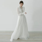 Elegant Celestial Lace Formal wedding guest dress with vintage high neck chiffon and embroidered lace details