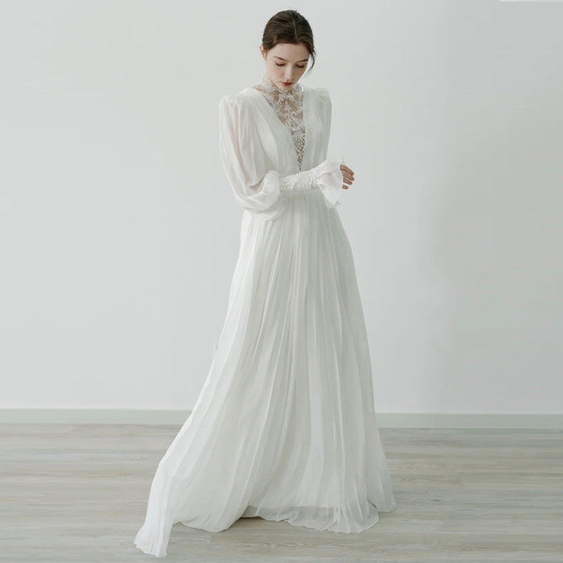 Elegant Celestial Lace Formal wedding guest dress with vintage high neck chiffon and embroidered lace details