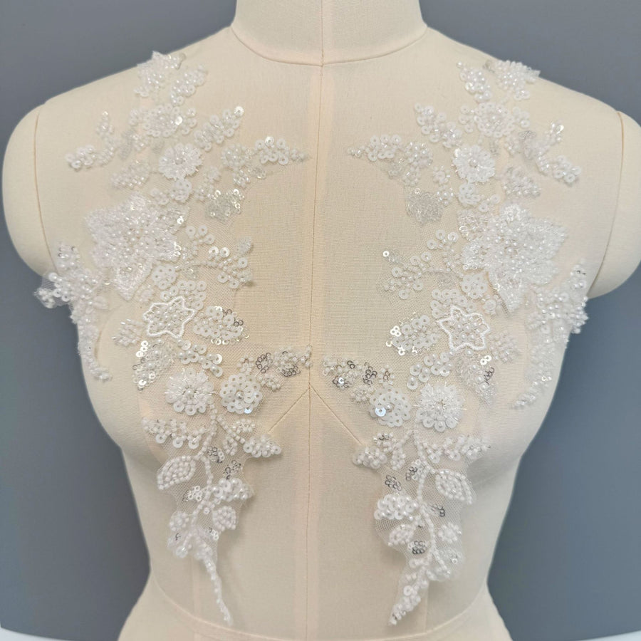 Zh427 pair of white pearl flower sequin embroidery appliques - accessories for clothing, handmade dresses, wedding gowns, diy bridal outfits