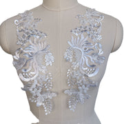 1 pair of silver lace beaded flower patch 3D embroidery applique for wedding neckline decoration