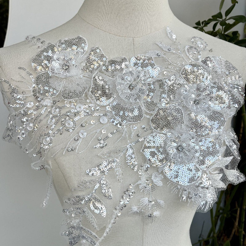 White Rhinestone 3D Flower Appliqué – High-End Embroidered Dress Embellishment & Bridal Accessory (Z43)