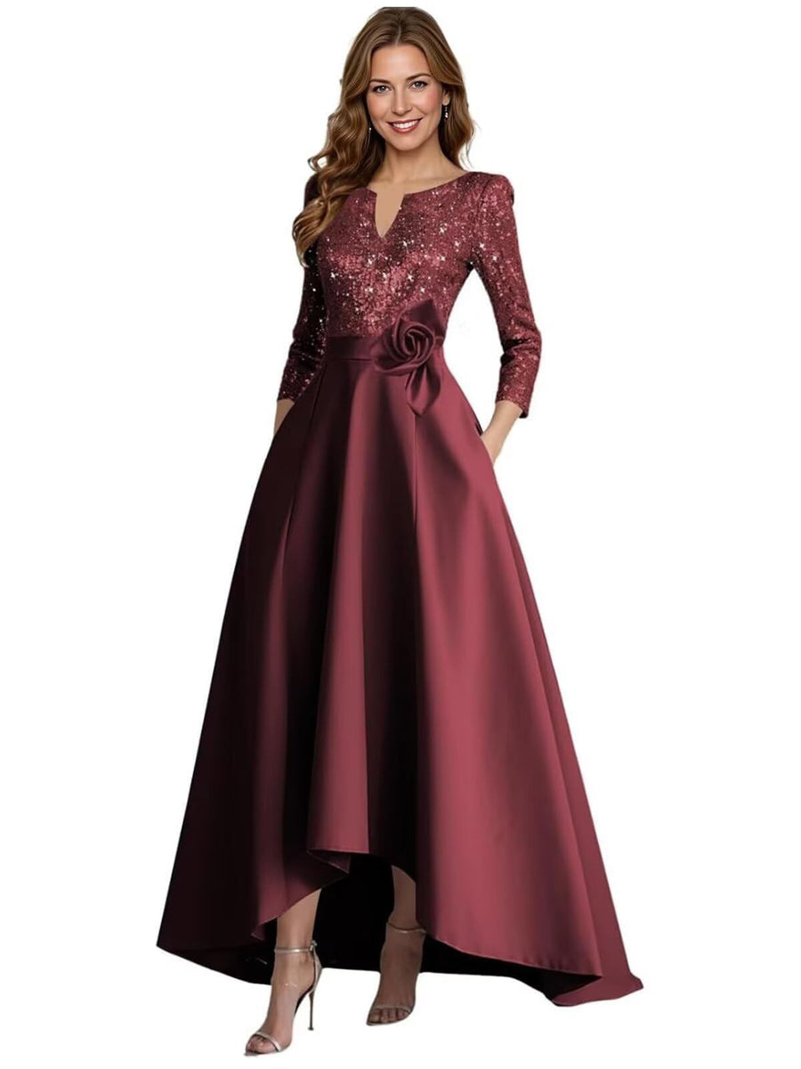 European and american style plus size evening gown for women, sequined satin high-low floor-length dress, wedding mother of the bride outfit, new year's gala performance dress