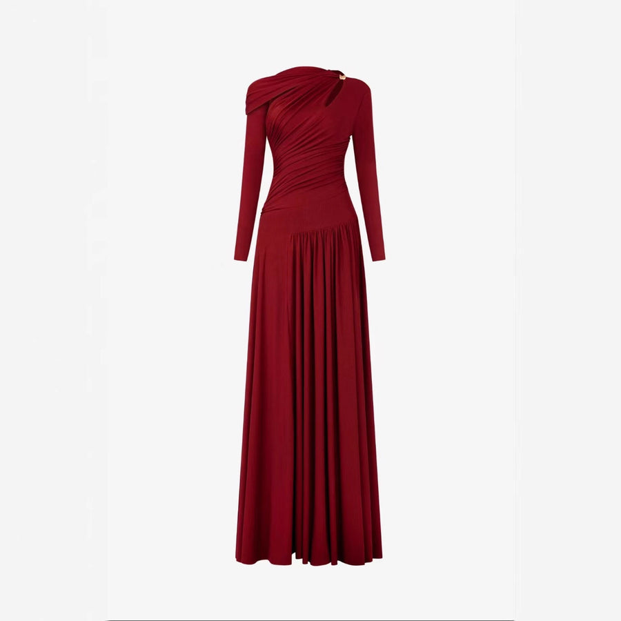 Asymmetric Cut-Out Maxi Dress — Draped Neckline with a Ruched Waist