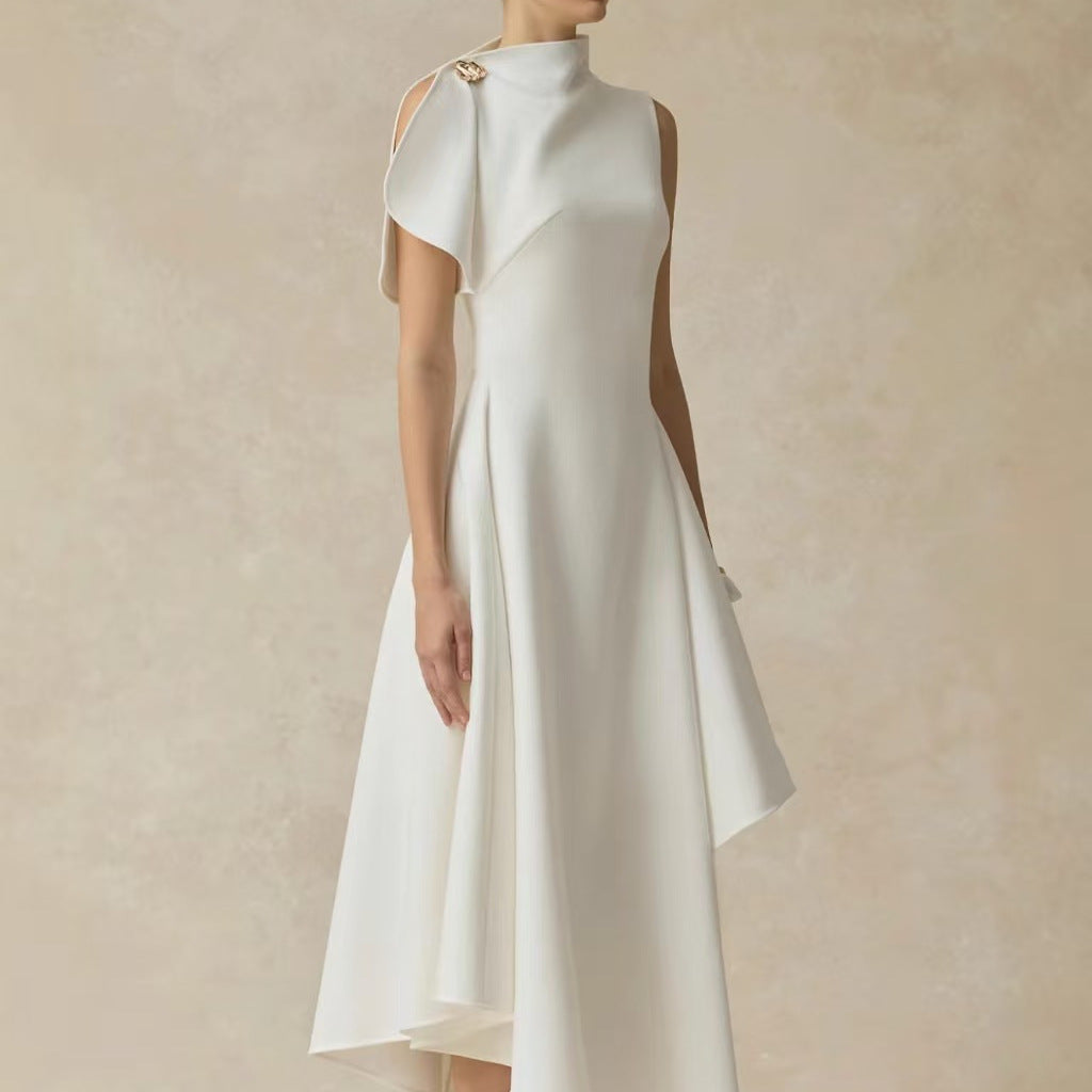 High-Neck Asymmetric Midi Dress — Layered Draping with a Metallic Shoulder Accent