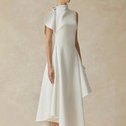 High-Neck Asymmetric Midi Dress — Layered Draping with a Metallic Shoulder Accent