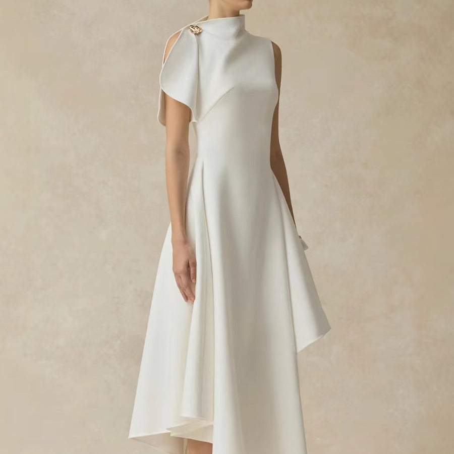 High-Neck Asymmetric Midi Dress — Layered Draping with a Metallic Shoulder Accent