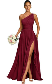 One shoulder chiffon long bridesmaid dress slit evening dress female sister group toast dress graduation performance dress factory direct supply