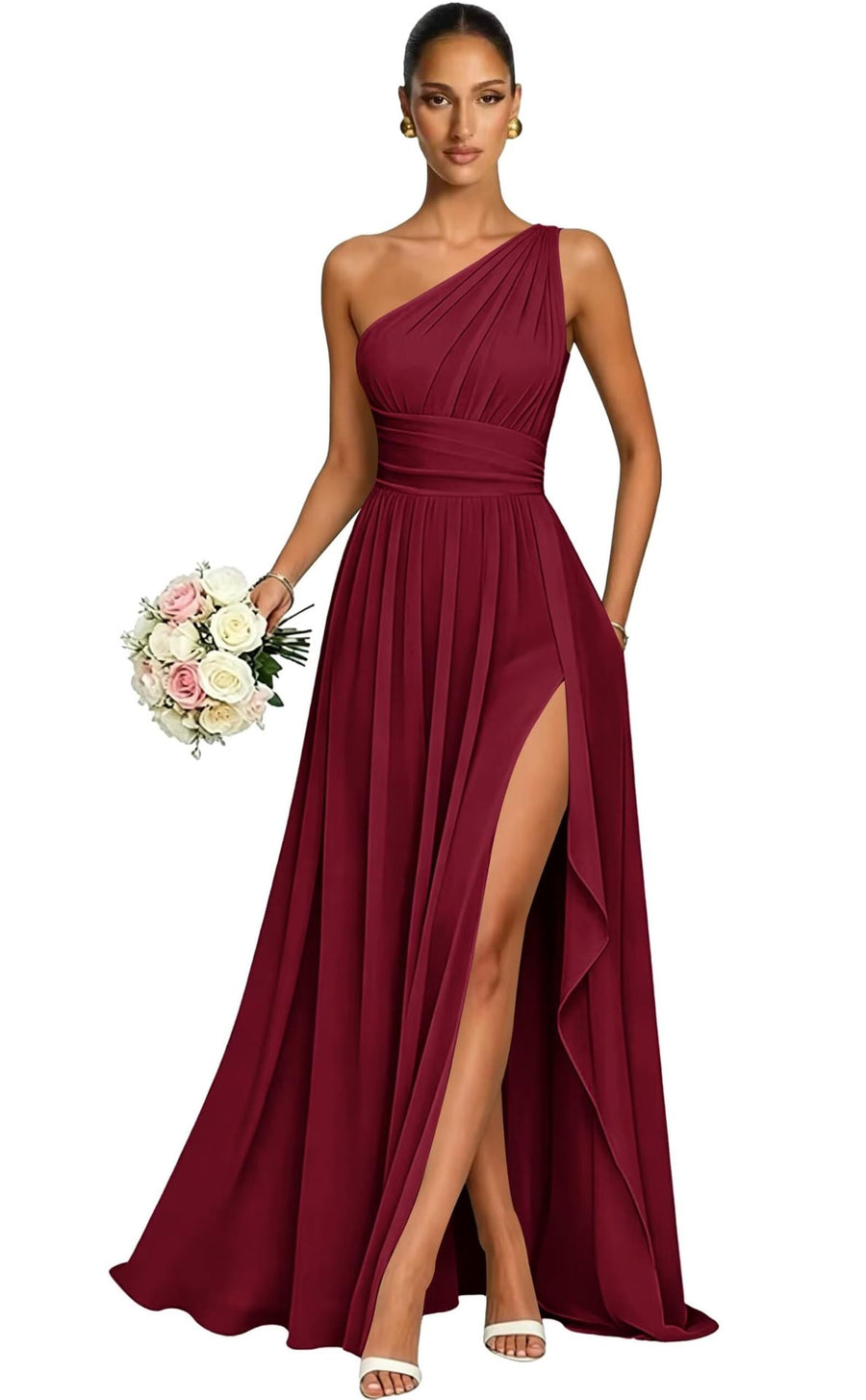 One shoulder chiffon long bridesmaid dress slit evening dress female sister group toast dress graduation performance dress factory direct supply