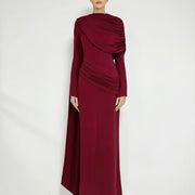 Long-Sleeve Draped Evening Gown — A Sweeping Shoulder Detail with Ruched Hips